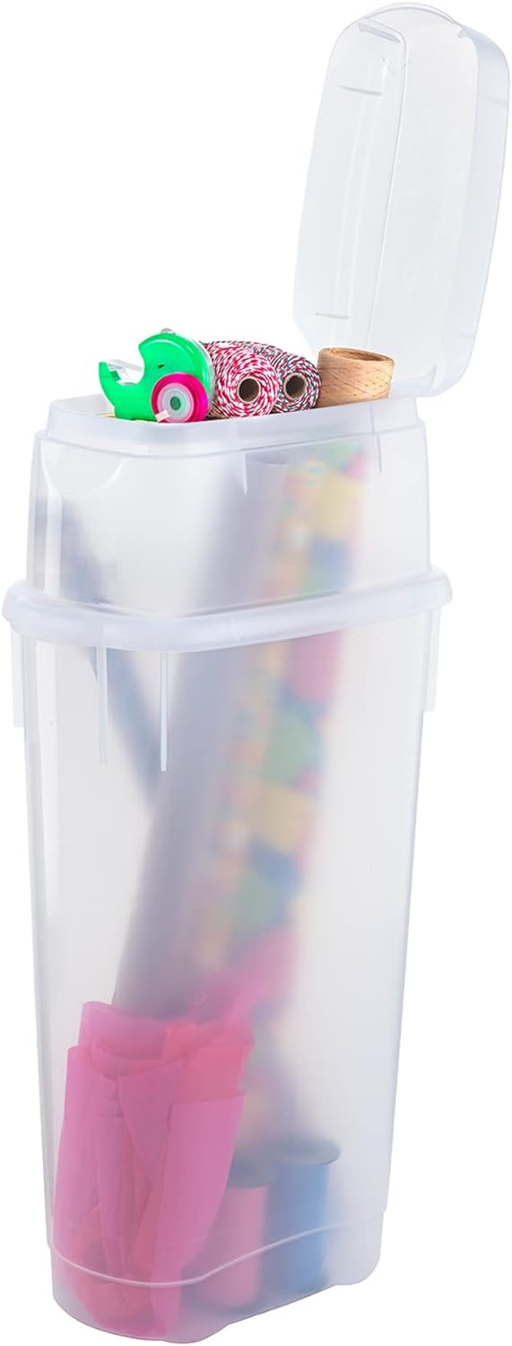 Rubbermaid Wrap N' Craft Plastic Wrapping Paper Organizer Storage Container with Top Ornament Storage Compartment for 20 Standard 30 Inch Rolls. Clear - Image 7