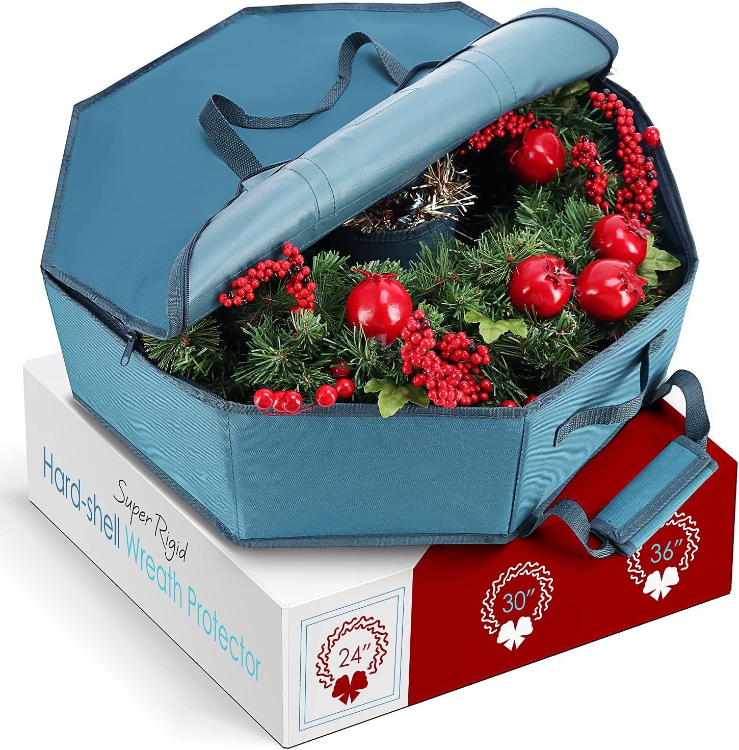Wreath Storage Container - Hard Shell Christmas Wreath Storage Bag with Interior Pockets. Dual Zipper and Handles - 24 Premium Wreath Storage Organizer Box by Hearth & Harbor - Image 2
